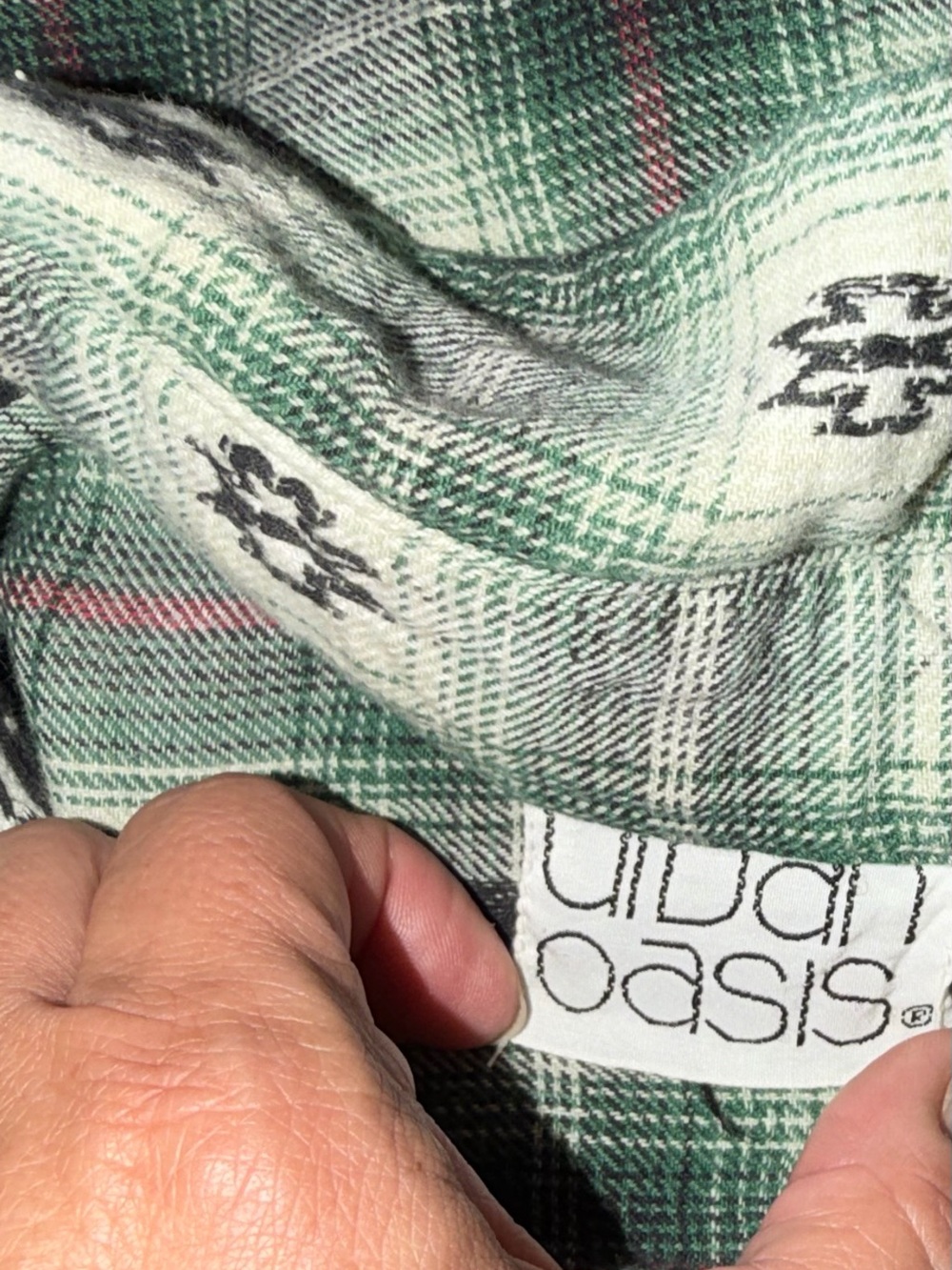 Vintage 80’s 90’s Flannel Green Plaid Shirt Oversized Nepal Aztec Women’s Sz L - Picture 7 of 8